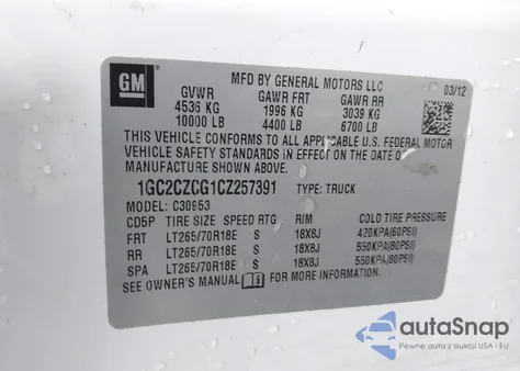 2012 Chevrolet Silverado 3500Hd Work Truck z USA, uszkodzony, nr VIN 1GC2CZCG1CZ257391